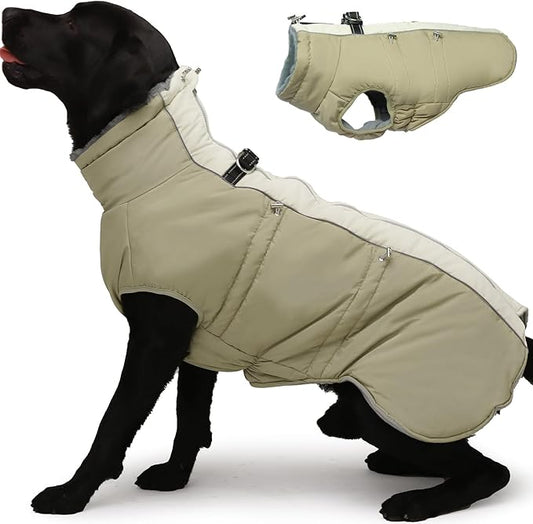 Dog Winter Jacket - XX Large, Warm Zip Up Snowsuit Dog Harness Vest, Reflective, Water-Resistant, Apricot