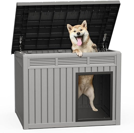 ROJIK Large Dog House Outdoor Indoor Weatherproof with Removable Roof Raised Base Plate,Pet House Weatherproof for Small to X-Large Dogs,Easy to Clean and Lightweight(42.87 * 32.95 * 31.61inch,Grey)
