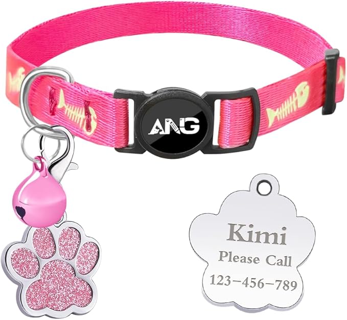 Personalized Breakaway Cat Collars Glow-in-The-Dark with ID Tag, Bell - Safety Quick - Release, Customizable for Female Male Kittens & Cats (Pink)