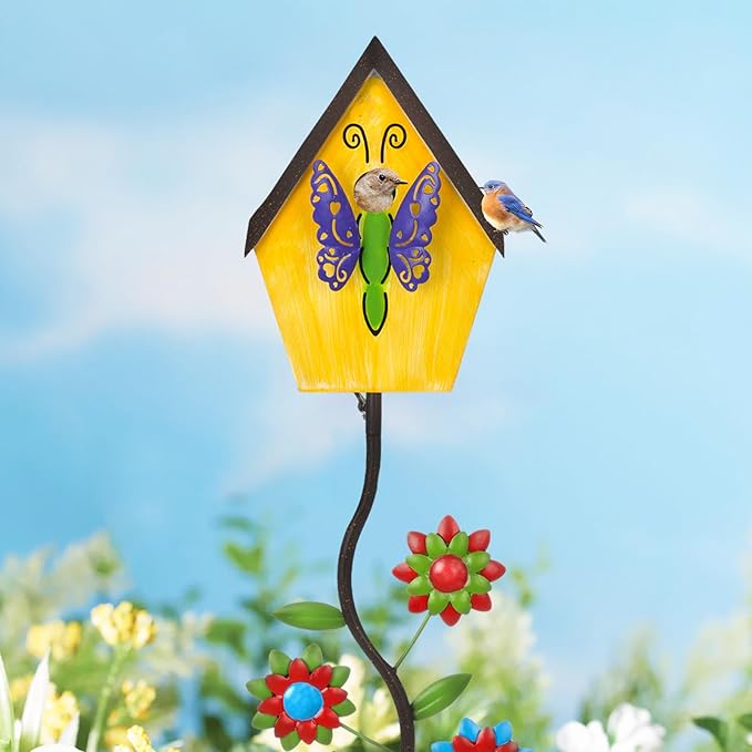 51” Bird Houses Stake for Outside, Metal Wild Bird Feeder Birdhouse Stake Pole with Butterfly Design Outdoor Decorations for Patio, Backyard, Garden