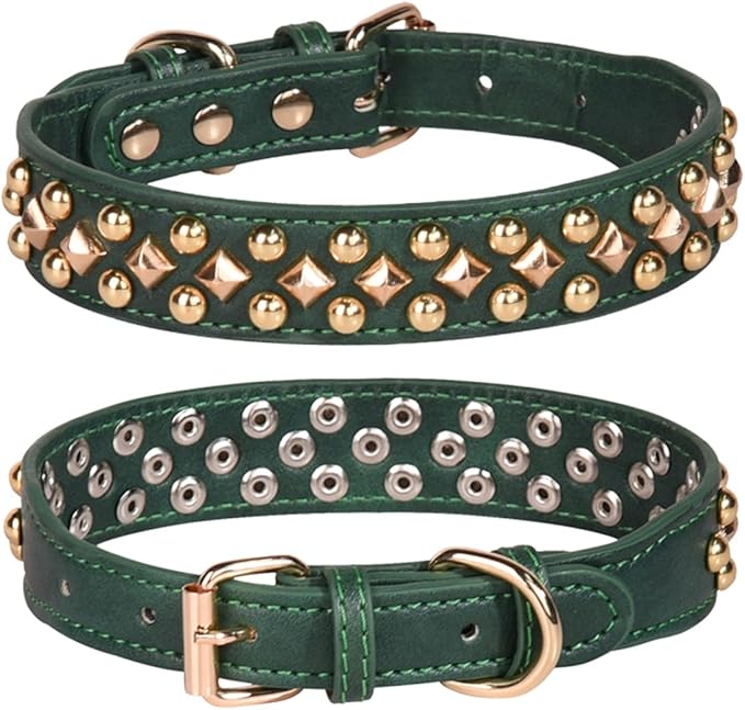 Spiked Dog Collar, Mushrooms Rivet Studded Adjustable Pu Leather Pet Collars for Cats Puppy Dogs (S, Green3)