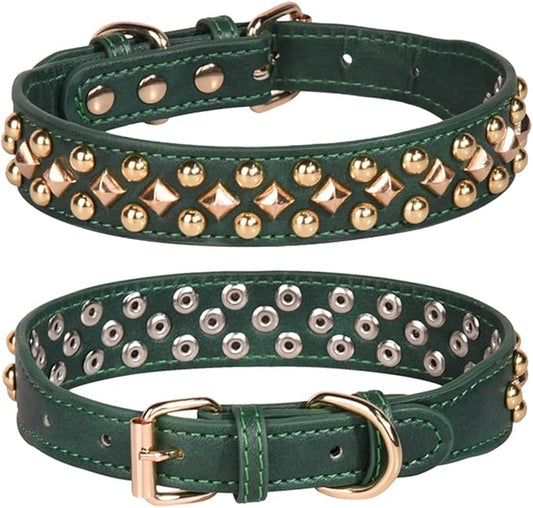 Spiked Dog Collar, Mushrooms Rivet Studded Adjustable Pu Leather Pet Collars for Cats Puppy Dogs (S, Green3)