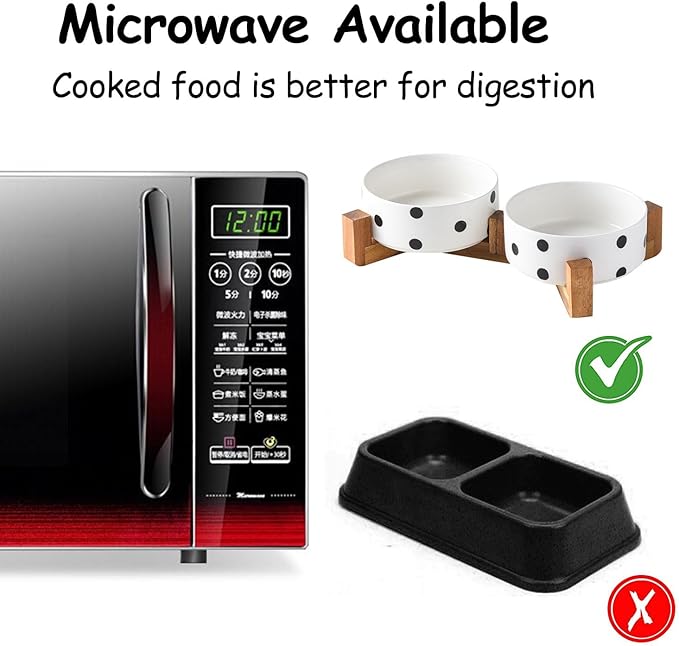 Petygooing Ceramic Dog Bowl Set with Stand,Cat Pet Food and Water Dishes,Small Dog Bowls Anti -Slip Set of 2 Cat Bowls Pet Food Dish Small Size Pet (13.5OZ/5.1 in) Black Dot