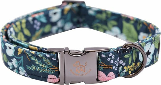 Elegant little tail Dog Collar, Floral Pet Collar Durable Darkblue Flower Dog Collars Male or Female Holiday Pet Gift Adjustable Dog Collar for Small Dogs