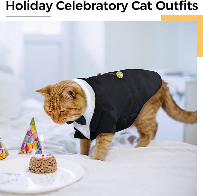 DENTRUN Cat Tuxedo Outfit, Sphynx Cat Costume Formal Suit with Bow Tie, Stylish Cat Shirt Fashion Apparel Fancy Clothes, Kitten Formal Attire Wedding Onesie Costume for Cats Only