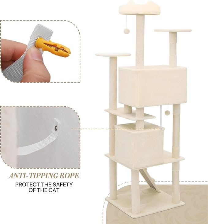 Athena Collection Modern Cat Tree Tower, 77 Inch Tall Cat Tree Climbing Tower with Scratching Post 2 Condo Multi-Level Activity Center and Playing Ball for Indoor Large Adult, Beige