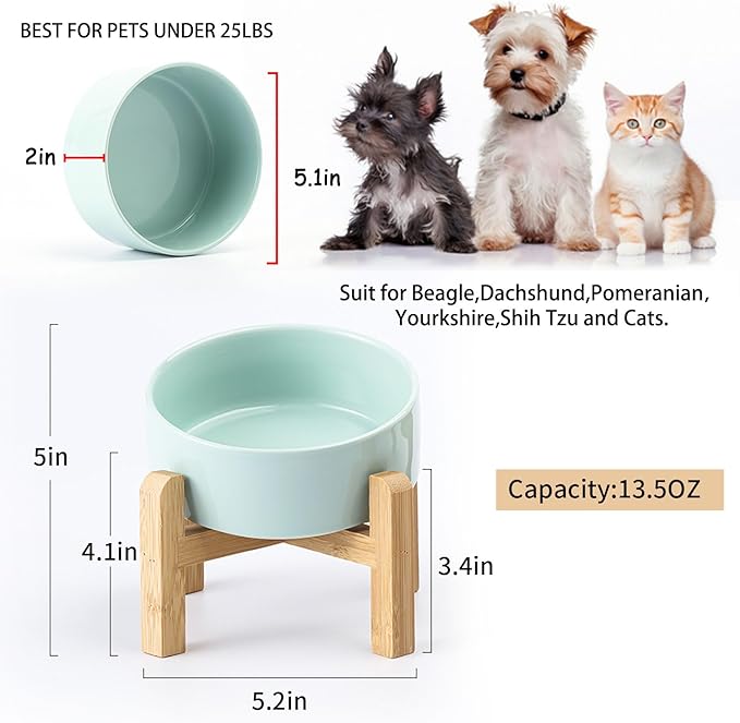 Petygooing Raised/Elevated 15°Slanted Ceramic Dog Bowl for Small Breeds,Tilted Anti Slip Pet Bowl,Food Water Dish with Stand for Cats and Small Dogs Puppy 13.5 OZ (5.1In / 1.7 Cups) Blue Sky