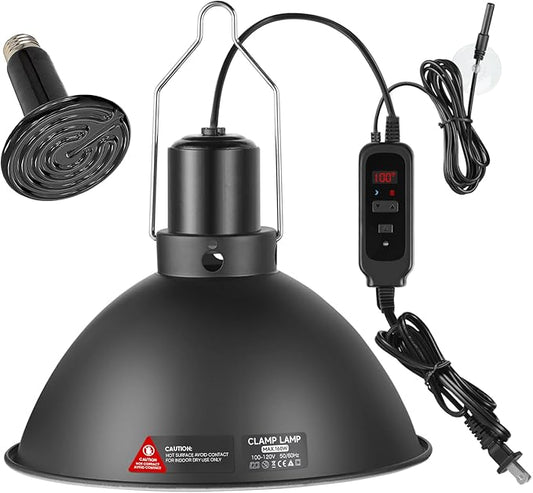 8.5inch Reptile Heat Lamp with Thermostat, Reptile Light Fixture with Dimming Thermostat, Deep Dome Lamp Fixture with 150W Ceramic Heat Emitter for Bearded Dragon, Turtles, Snake and Lizard