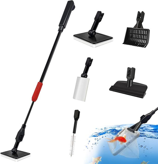 Aquarium Cleaning Tool - 6 in 1 Fish Tank Cleaning Tools - Fish Tank Brush Cleaner Set,with Adjustable Long Handle,Algae Scraper Scrubber Pad Scrub Brush Fish Net Gravel Rake