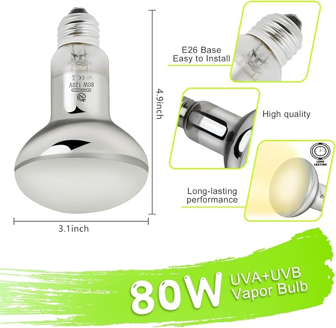 80W UVA UVB Vapor Reptile Heat Lamp, High Intensity Self-Ballasted UVB Basking Lamp Bulb,Full Spectrum Sun Light for Reptiles and Amphibians