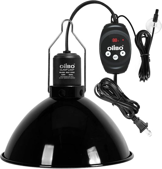 Oiibo Reptile Light Fixture with Dimming Thermostat, 8.5 Inch Deep Dome Lamp Fixture, PID Temperature Controller for Reptile Heat Lamp Bulb, Max 150W
