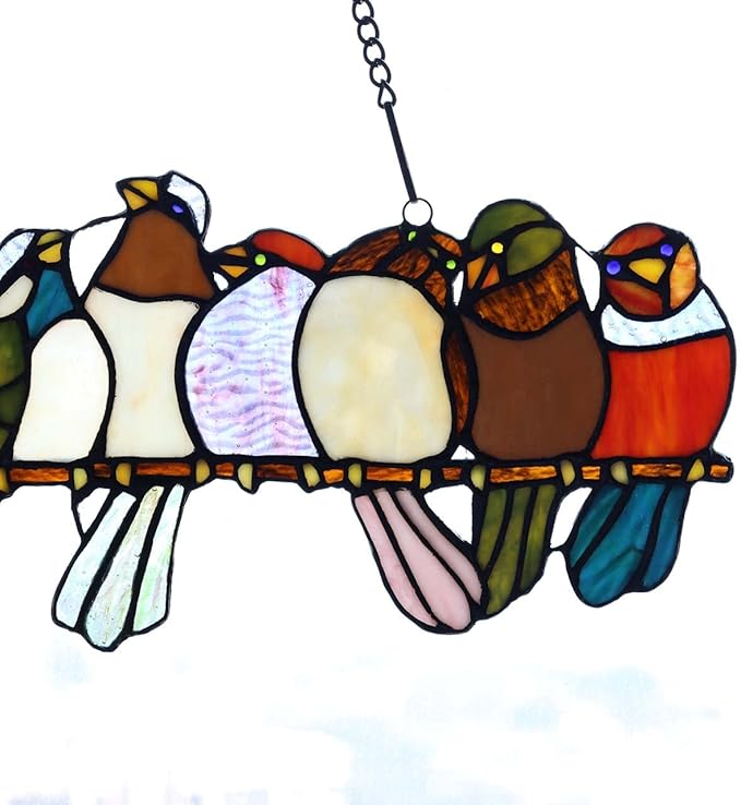 Bieye W10002 Tropical Birds Tiffany Style Stained Glass Window Panel Hangings with Chain, 19" W x 11.4" H