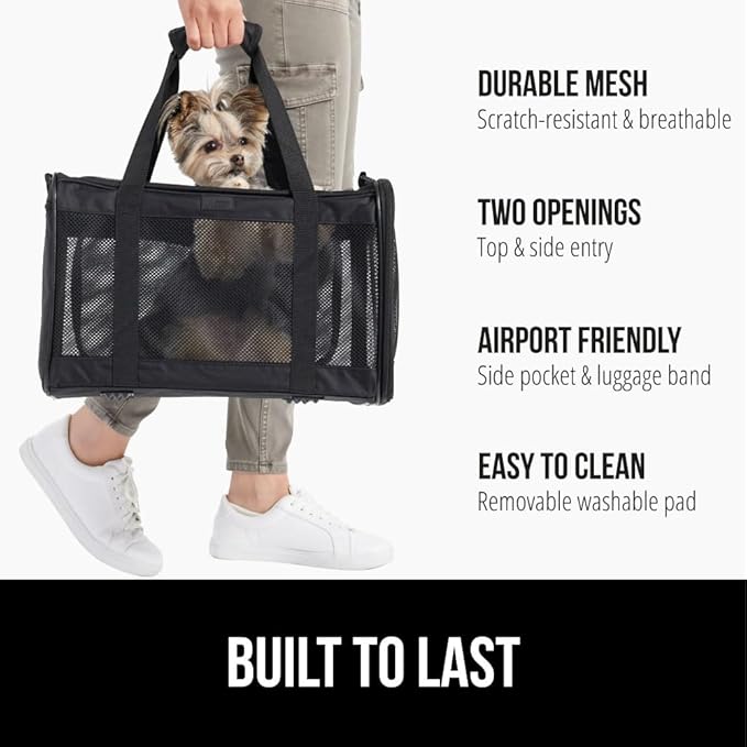 GORILLA GRIP Cat Carrier Travel Bag Up to 15 Lbs, Soft Collapsible Small Dog Carriers, Top and Side Entry Breathable Mesh, Grip Feet on Underside, Cozy Washable Waterproof Pad, Portable Kennel, Black