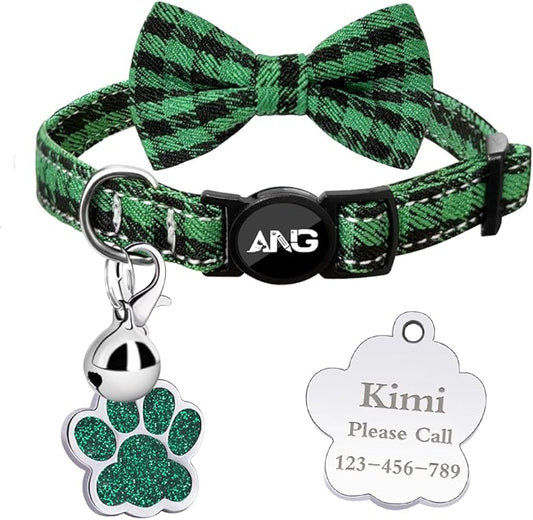 Personalized Breakaway Cat Collars - ID Tag, Bell, Bowtie - Safety Quick-Release, Customized for Girls & Boys Cats (Houndstooth-Green)