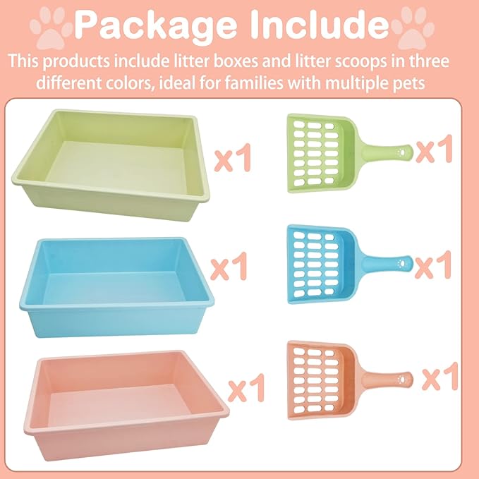 Kathson 3PCS Medium Open Cat Litter Box with Scoop, Durable Non-Stick Plastic Litter Pan for Cats, Puppies, Bunnies, and Small Animals, 15 x 11 x 4 Inches