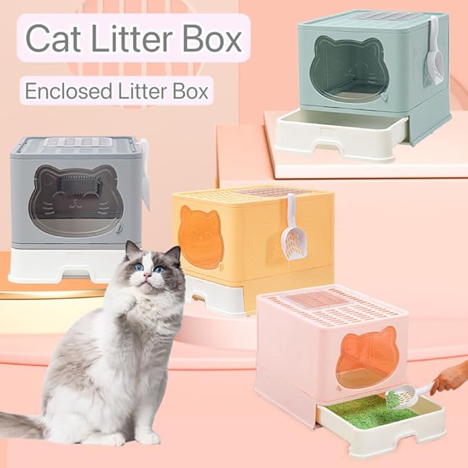 Top Entry Cat Litter Box with Lid, Anti-Splash Foldable Cat Litter Box with Activated Carbon Keeping Air Fresh, Drawer Type Easy to Clean (Green)