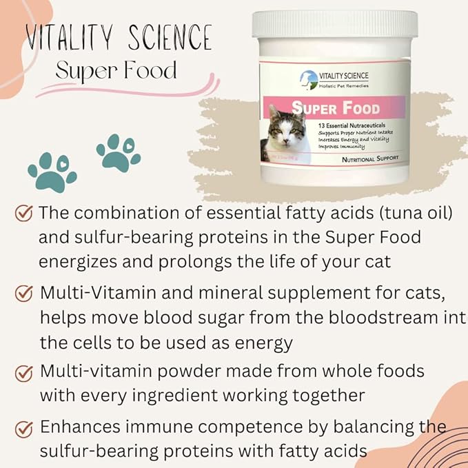 Super Food for Cats | High Potency Multi-Vitamin and Mineral Supplement | Increases Energy and Vitality | 100% Natural (60g)