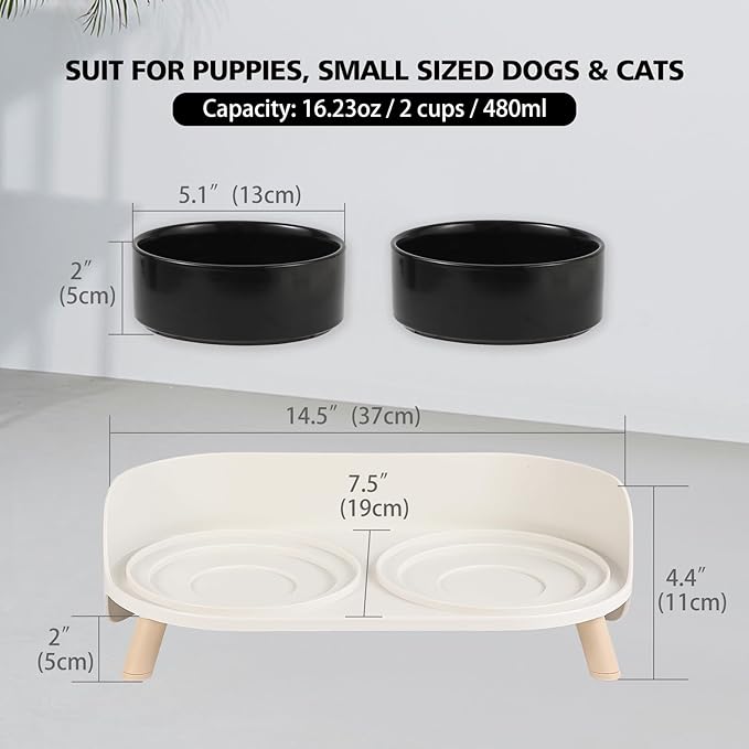 Elevated Ceramic Cat Bowl Set - Raised Double Dishes for Food & Water - Non-Slip Stand & Splash Proof - for Cats & Puppies - 2 x 480 ML - 16.2 OZ