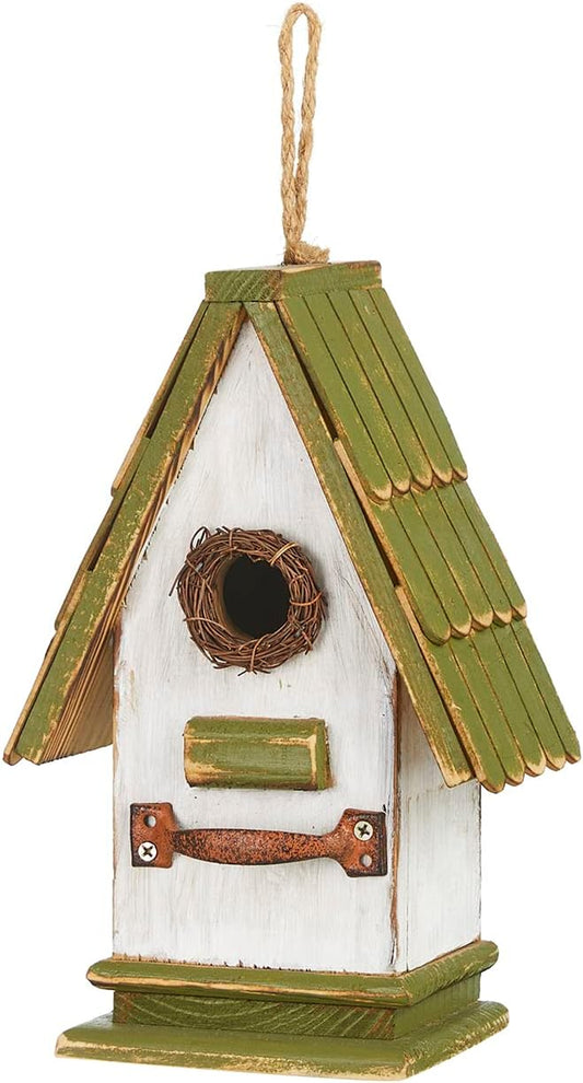 Glitzhome Bird Houses for Outside, Bluebird Houses for Outdoors, 10.75" H Green Roof Garden Wooden Birdhouse Hand Painted Hanging Distressed Bird House for Finch Cardinals Swallow Wren Chickadee