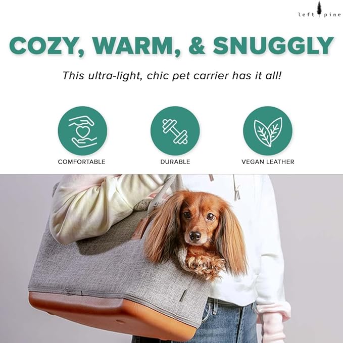 LeftPine x P.L.A.Y. Deluxe Dog Carrier Purse - Soft Sided Pet Travel Tote for Small Dogs & Puppies up to 16 Pounds - Built-in Safety Leash, Machine Washable, Removable Liner, Zipper Pocket (Gray)