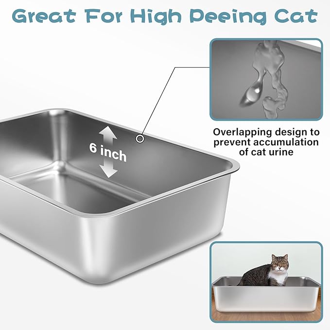 Stainless Steel Litter Box,19.7"x13.7"x6" Large Metal Litter Box for Kitty/Cat/Rabbits, Easy to Clean, Non Stick Litterbox No Smell for Adult Cats