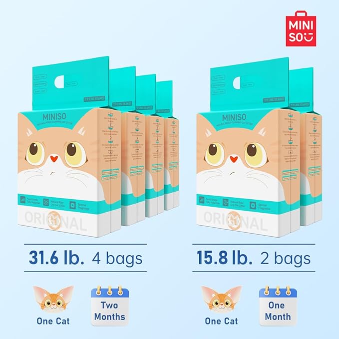 MINISO Clumping Cat Litter, Tofu+Bentonite+Cassava, Odor Control, Rapid Clumping, Water Absorbent and Toilet Flushable, Multi-Cat, Gardenia Style, 31.6lb (4 Pack of 7.9lb Bags)