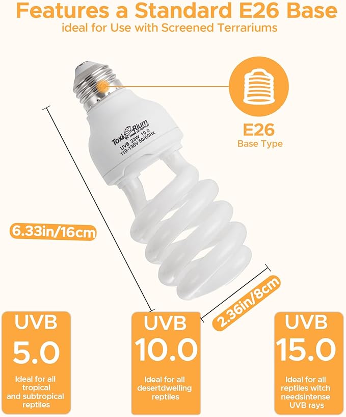 Reptile Lights 13 W UVA UVB 10.0 Energy Saving Reptile Heat Lamp UVB Bulb Spiral Compact Bulb Fit for Rainforest Type-2Pack Reptile/Snake/Lizard/Insect/Turtle/Tortoise