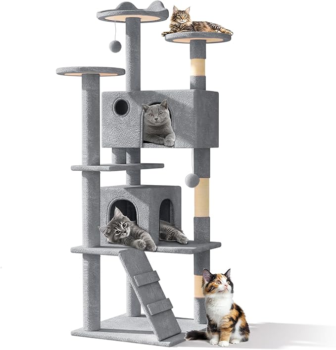 Athena Collection Modern Cat Tree Tower, 60 Inch Tall Cat Tree Climbing Tower with Scratching Post 2 Condo Multi-Level Activity Center and Playing Ball for Indoor Large Adult, Light Grey