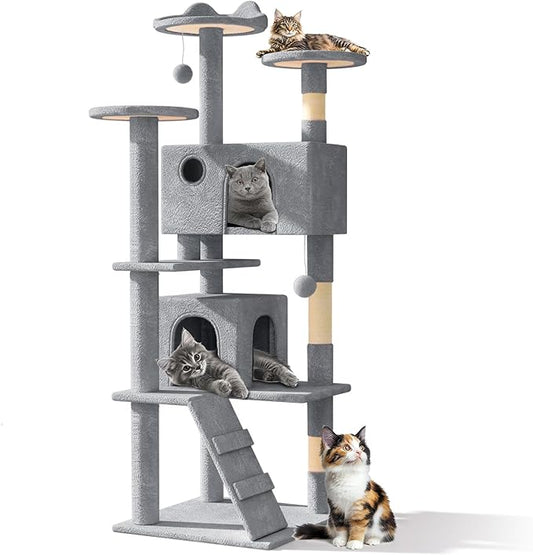 Athena Collection Modern Cat Tree Tower, 60 Inch Tall Cat Tree Climbing Tower with Scratching Post 2 Condo Multi-Level Activity Center and Playing Ball for Indoor Large Adult, Light Grey