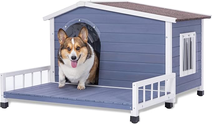 Petsfit Dog House Outdoor 40" L x 47" W x 28.5" H with Terrace & Openable Asphalt Roof, Outside Dog House with Elevated Floor, Dog House for Medium Dogs