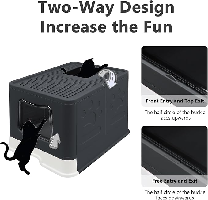 XL Foldable Cat Litter Box with Lid - Jumbo Enclosed Potty - Top Entry Anti-Splashing Toilet - Includes Scoop & 2-in-1 Cleaning Brush (Black)