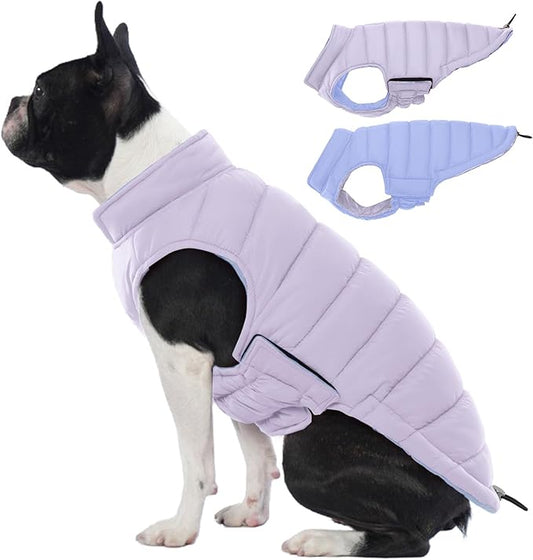 Lelepet Reversible Dog Coat Lightweight Dog Jacket Padded Winter Vest Windproof Cold Weather Coat Sonwsuit with Hook & Loop Coats for Small Dogs, Non-Shedding, Easy on/Off, Chihuahua, Purple, XS