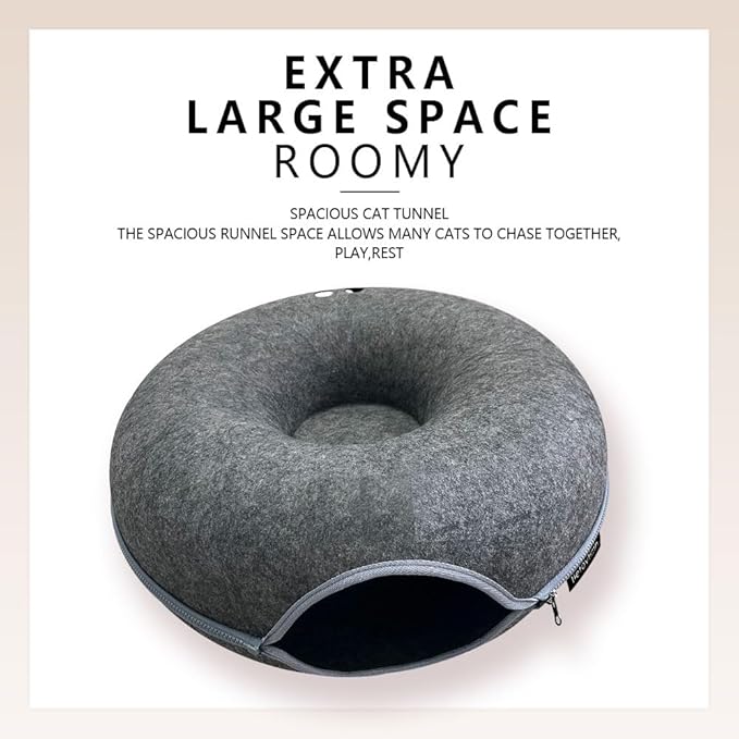 Tunnel nest, Donut nest, Fun Ventilation peep Hole, Detachable Zipper cat Bed, Felt Washable, All Season Universal cat Bed Suitable for Cats (Dark Gray, Small)