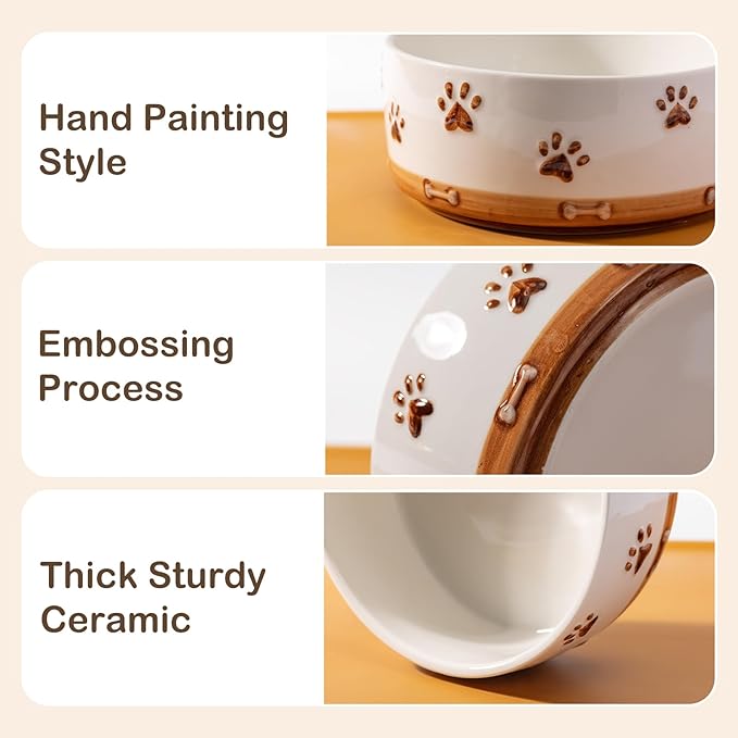 Ceramic Dog Bowls for Small and Medium Dogs, 32 OZ Dog Food and Water Bowl Set with Wooden Stand and Non-Slip Silicone Food Mat, Weighted Embossed Cute Puppy Bowls Feeding Dishes Set of 2