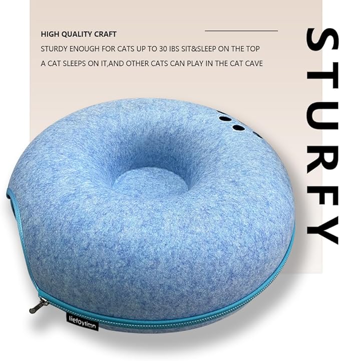 Tunnel nest, Donut nest, Fun Ventilation peep Hole, Detachable Zipper cat Bed, Felt Washable, All Season Universal cat Bed Suitable for Cats (Sky Blue, Small)