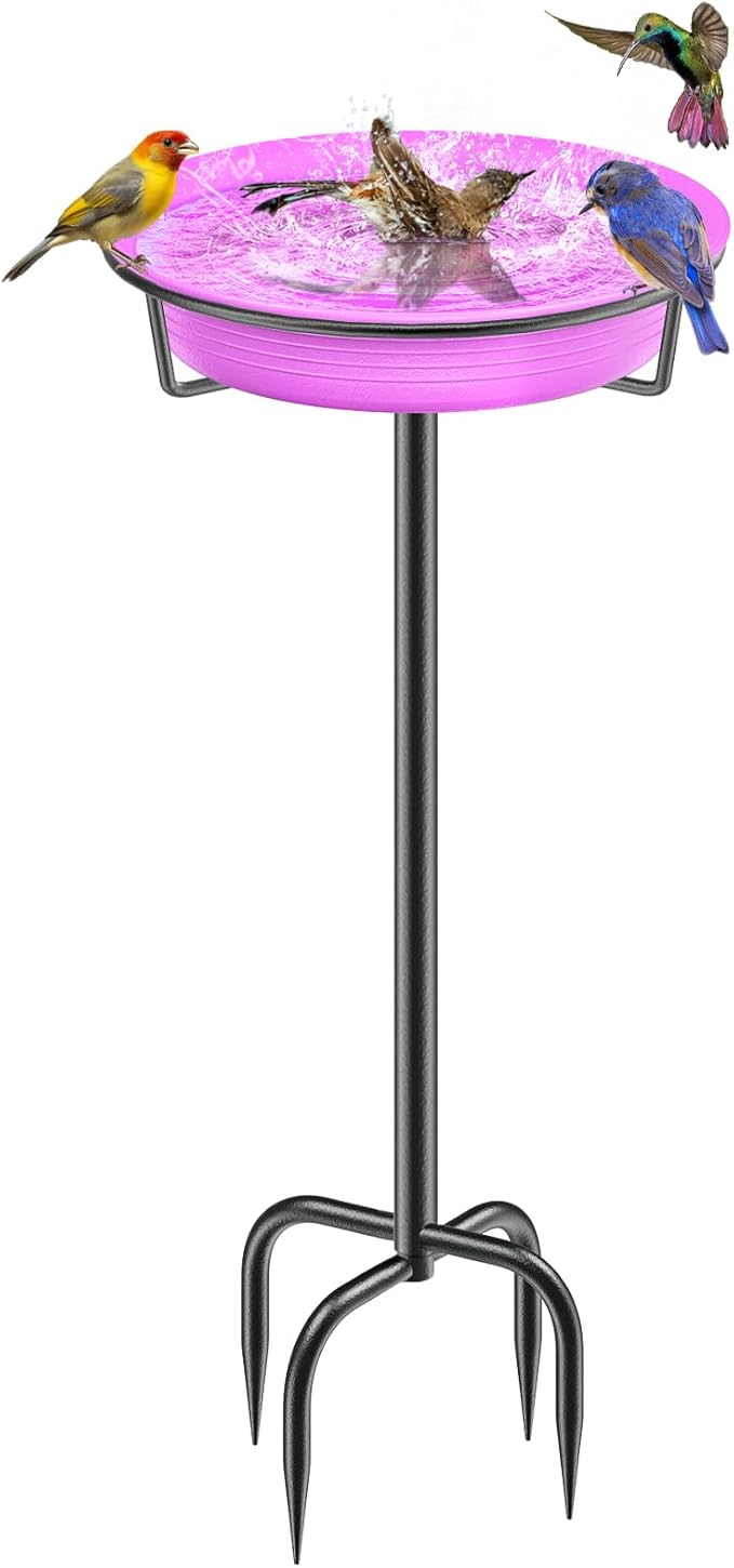 28In Freestanding Birdbaths Bowl Outdoor, Standing Garden Bird Bath Bird Feeder Bowl with Metal Stake, Detachable Decoration Spa Birdfeeder for Garden Patio Yard Lawn, 4 Spiky Feet (Purple)