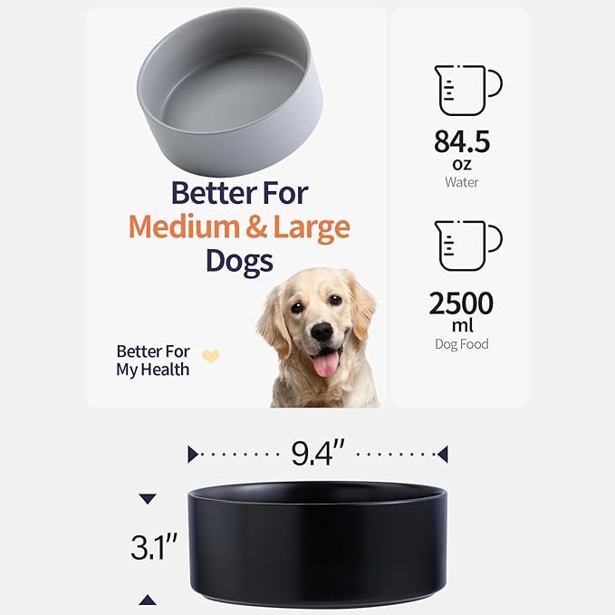 9.5in Black Extra Large Ceramic Dog Bowl for Large Breeds,Non-Slip Weighted Dog Food Water Dish Protect Cervical Spine,Porcelain Modern Cute Big Heavy Feeding Bowl(2400ml)