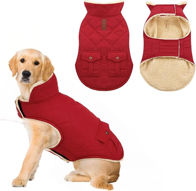 ASENKU Warm Dog Winter Coat Fleece & Turtleneck Dog Puffer Jacket with Pockets Waterproof Pet Cold Weather Clothes with Leash Hole for Medium Large Dogs