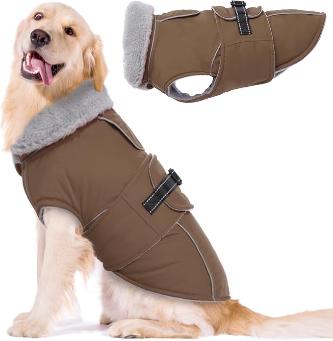 Lelepet Warm Dog Coat Reflective Fleece Vest Waterproof Dog Jacket with Adjustable Buckle Hook & Loop Windproof Cold Weather Coats for Small Medium Large Dogs, Brown, XXXL