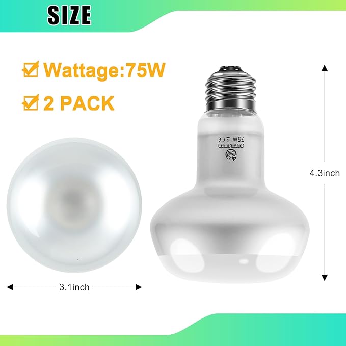 Reptile Heat Lamp 2Pack 75W, Intense Basking Spot Light Bulb with UVA, Simulate Natural Daylight Heat Bulb for Reptile, Turtle, Bearded Dragon, Lizard, Tortoise, Gecko, Snake