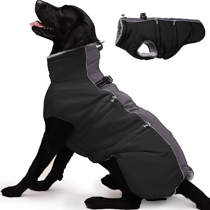 Dog Winter Jacket - XX Large, Warm Zip Up Snowsuit Dog Harness Vest, Reflective, Water-Resistant, Black