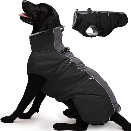 Dog Winter Jacket - XX Large, Warm Zip Up Snowsuit Dog Harness Vest, Reflective, Water-Resistant, Black
