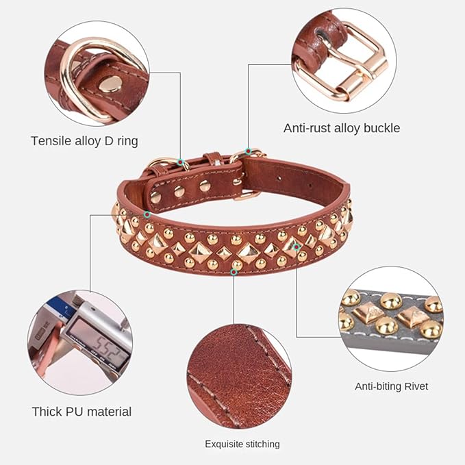 Spiked Dog Collar, Mushrooms Rivet Studded Adjustable Pu Leather Pet Collars for Cats Puppy Dogs (S, Brown3)