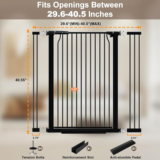 41" Extra Tall Baby Gate With Door, 29.6-40.5 In Wide Dog Gates for Doorways Stairs, Walk Through Large Pet Gate Indoor, Pressure Mounted Child Safety Gates for Kids Puppy Doggie Metal Black