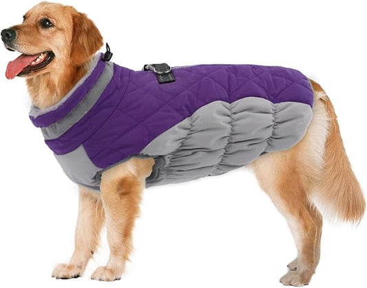 LeLePet Warm Dog Winter Coat, Waterproof Fleece, Windproof, Reflective, Turtleneck, Harness, Purple, XXX-Large