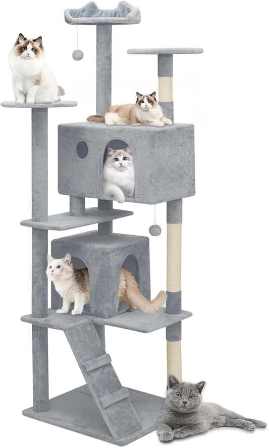 Athena Collection Modern Cat Tree Tower, 77 Inch Tall Cat Tree Climbing Tower with Scratching Post 2 Condo Multi-Level Activity Center and Playing Ball for Indoor Large Adult, Grey