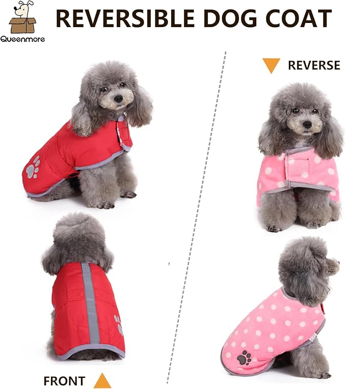 Queenmore Cold Weather Dog Coats Loft Reversible Winter Fleece Dog Vest Waterproof Pet Jacket Available in Extra Small, Small, Medium, Large Extra Large Sizes
