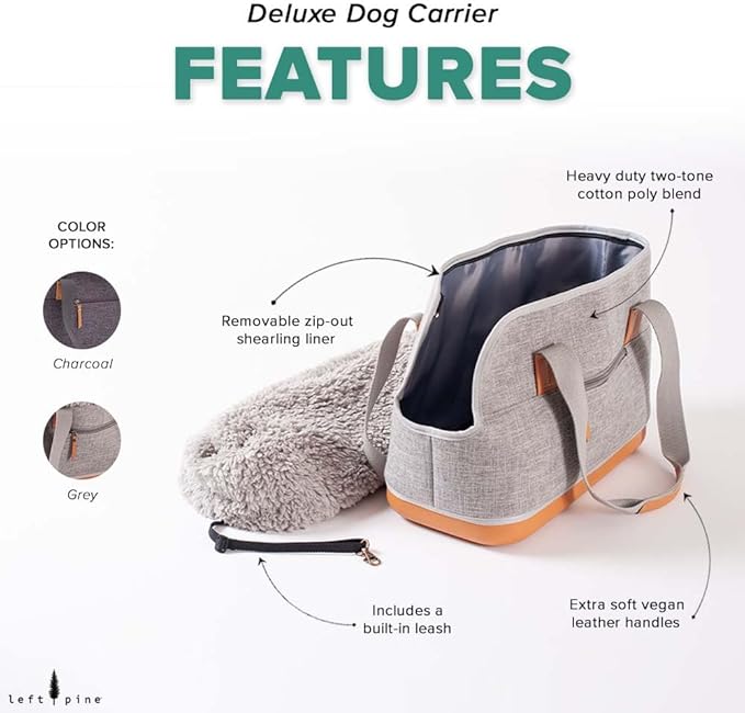 LeftPine x P.L.A.Y. Deluxe Dog Carrier Purse - Soft Sided Pet Travel Tote for Small Dogs & Puppies up to 16 Pounds - Built-in Safety Leash, Machine Washable, Removable Liner, Zipper Pocket (Gray)