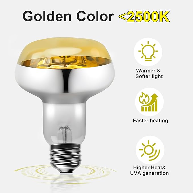 MIXJOY 2Pack 75W Reptile Heat Lamp Bulbs, Upgraded Golden Glass 60% Intense Heat Bulb UVA Daylight Basking Spot Light Bulb for Reptiles, Turtle, Lizard, Tortoise, Bearded Dragon, Gecko, Chicken