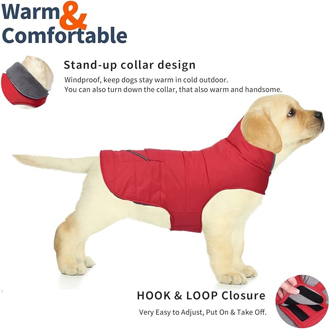 Dog Coat, Waterproof Dog Winter Jacket with Pocket, Reflective Adjustable Pet Snow Vest, Warm Cozy Fleece Sweater for Small Medium Extra Large Dogs - Red, M